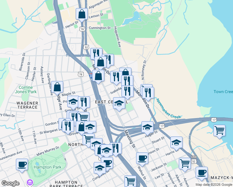 map of restaurants, bars, coffee shops, grocery stores, and more near 45 Isabella Street in Charleston