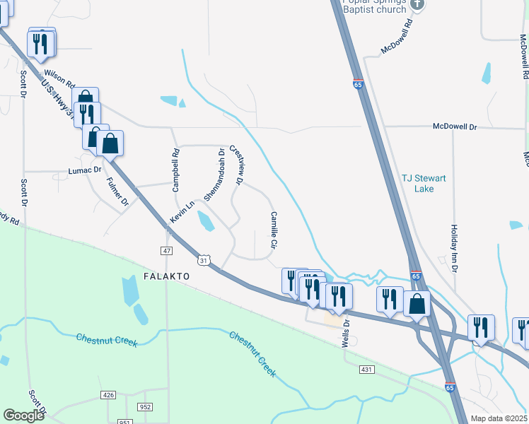 map of restaurants, bars, coffee shops, grocery stores, and more near 105 Camille Circle in Clanton