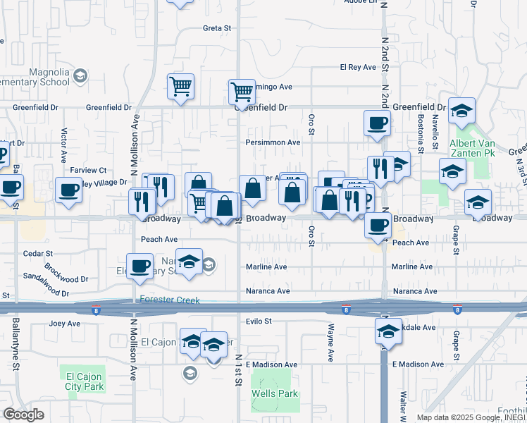 map of restaurants, bars, coffee shops, grocery stores, and more near 1130 Broadway in El Cajon