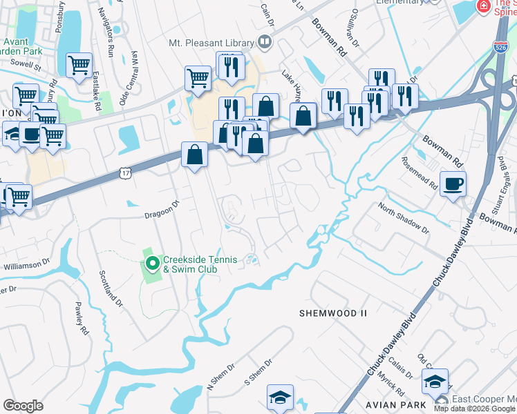 map of restaurants, bars, coffee shops, grocery stores, and more near 1030 Hunters Trace in Mount Pleasant