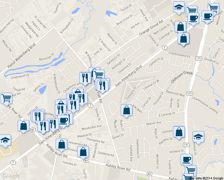 map of restaurants, bars, coffee shops, grocery stores, and more near 1551 Sam Rittenberg Boulevard in Charleston