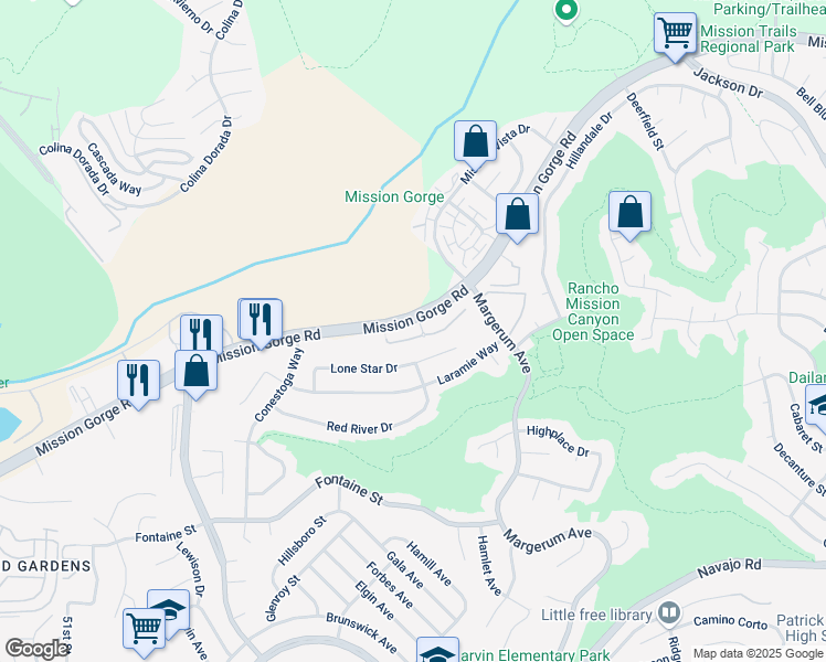 map of restaurants, bars, coffee shops, grocery stores, and more near 7659 Mission Gorge Road in San Diego