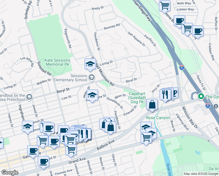 map of restaurants, bars, coffee shops, grocery stores, and more near 2310 Walmar Lane in San Diego