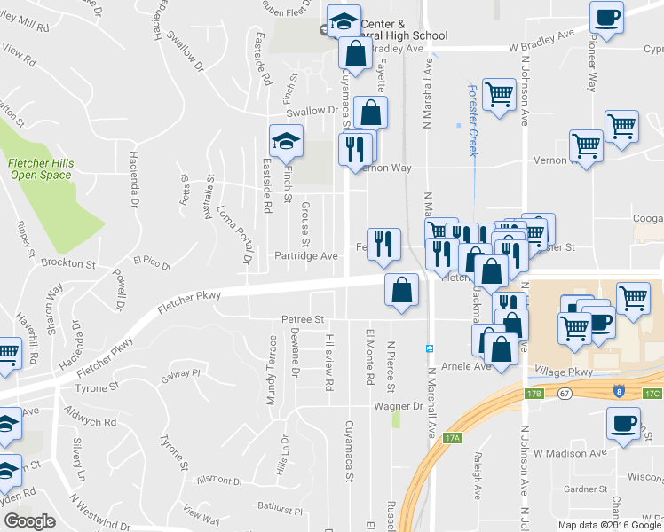 map of restaurants, bars, coffee shops, grocery stores, and more near 1321 Partridge Avenue in El Cajon