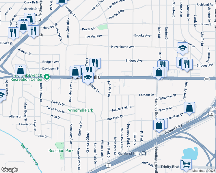 map of restaurants, bars, coffee shops, grocery stores, and more near 3209 Ash Park Drive in Richland Hills