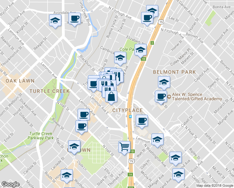 map of restaurants, bars, coffee shops, grocery stores, and more near 3031 Blackburn Street in Dallas
