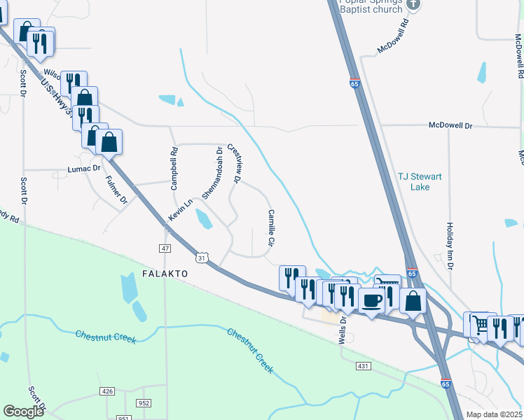 map of restaurants, bars, coffee shops, grocery stores, and more near 105 Camille Circle in Clanton