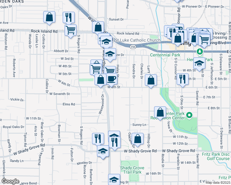 map of restaurants, bars, coffee shops, grocery stores, and more near 604 Knight Lane in Irving