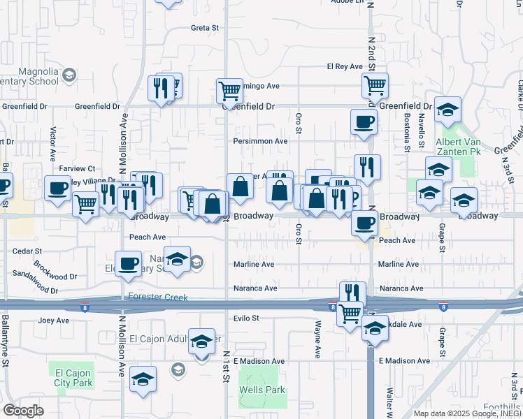 map of restaurants, bars, coffee shops, grocery stores, and more near 1130 Broadway in El Cajon