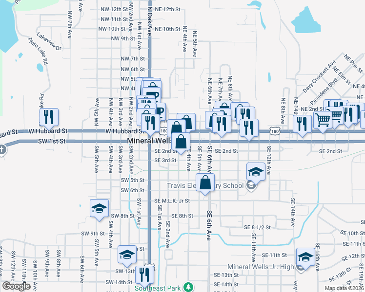 map of restaurants, bars, coffee shops, grocery stores, and more near 204 Southeast 3rd Avenue in Mineral Wells
