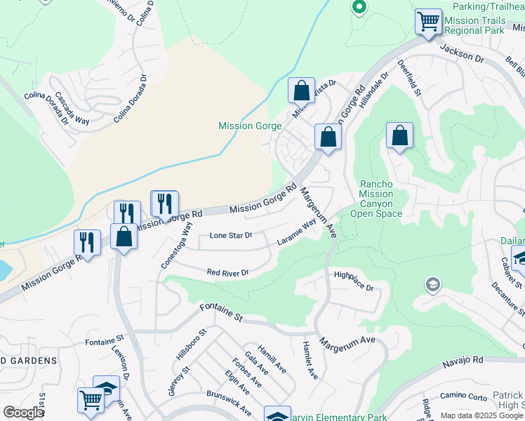 map of restaurants, bars, coffee shops, grocery stores, and more near 7677 Mission Gorge Road in San Diego