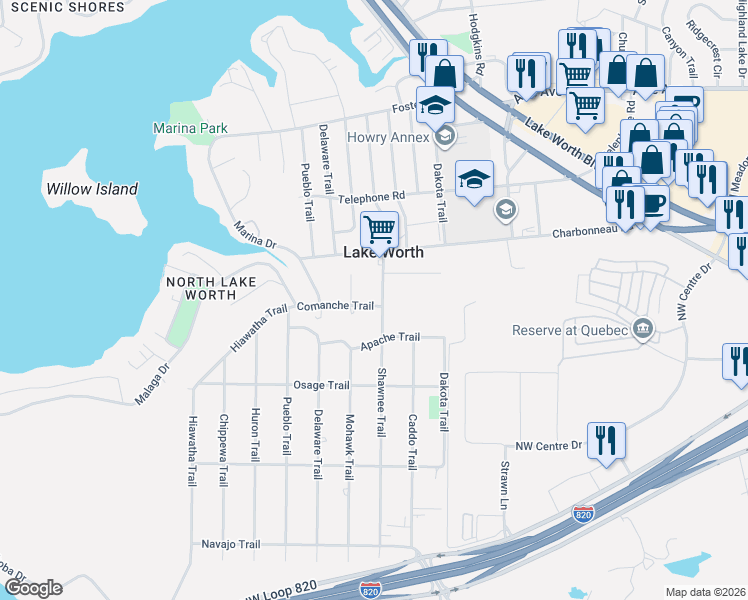 map of restaurants, bars, coffee shops, grocery stores, and more near 7200 Comanche Trail in Fort Worth