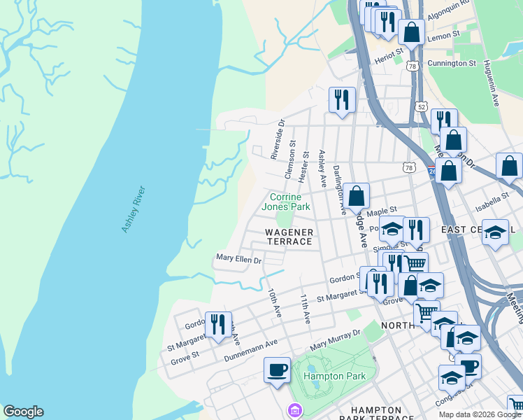 map of restaurants, bars, coffee shops, grocery stores, and more near 56 Devereaux Avenue in Charleston