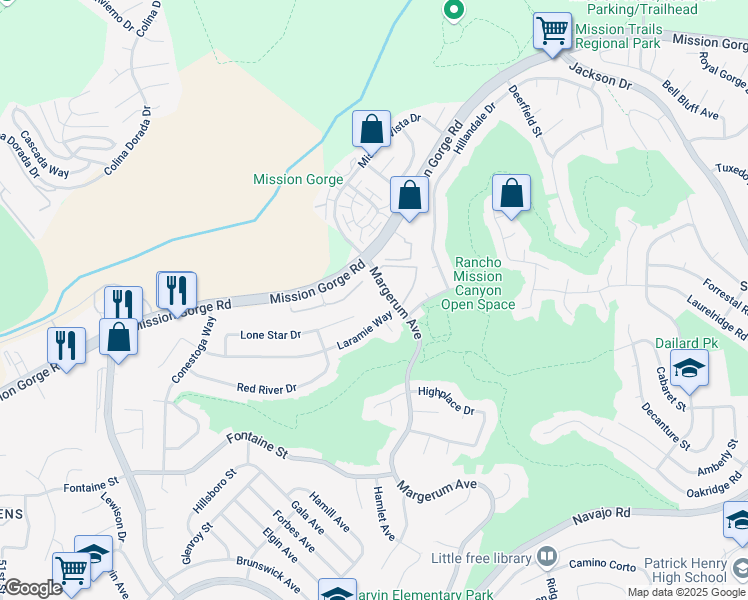 map of restaurants, bars, coffee shops, grocery stores, and more near 7760 Margerum Avenue in San Diego