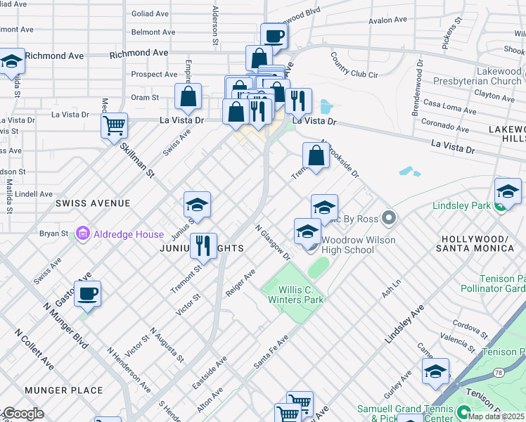 map of restaurants, bars, coffee shops, grocery stores, and more near 42 Abrams Road in Dallas