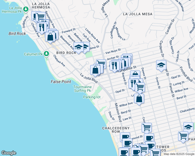 map of restaurants, bars, coffee shops, grocery stores, and more near 685 Turquoise Street in San Diego