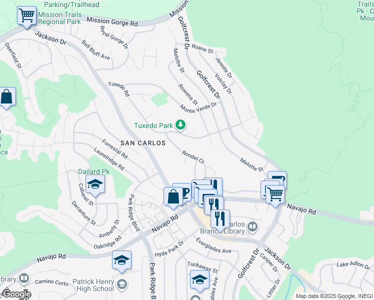 map of restaurants, bars, coffee shops, grocery stores, and more near 7415 Rondel Court in San Diego