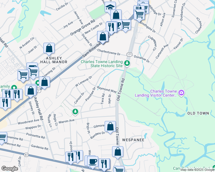 map of restaurants, bars, coffee shops, grocery stores, and more near 1409 Tara Road in Charleston