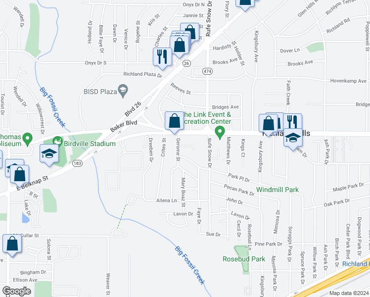 map of restaurants, bars, coffee shops, grocery stores, and more near 6604 Laura Ann Court in Richland Hills