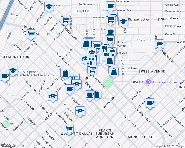 map of restaurants, bars, coffee shops, grocery stores, and more near 5088 Ross Avenue in Dallas