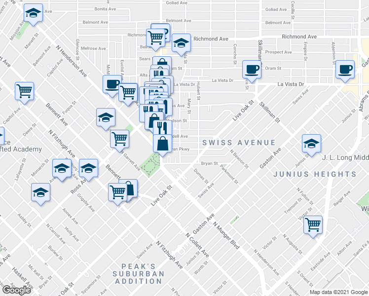 map of restaurants, bars, coffee shops, grocery stores, and more near 5707 Bryan Parkway in Dallas