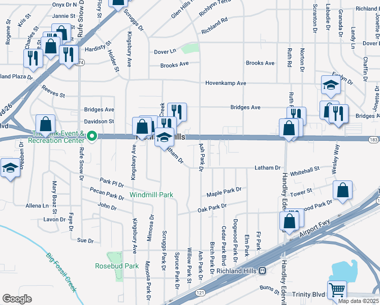 map of restaurants, bars, coffee shops, grocery stores, and more near 7100 Baker Boulevard in Richland Hills