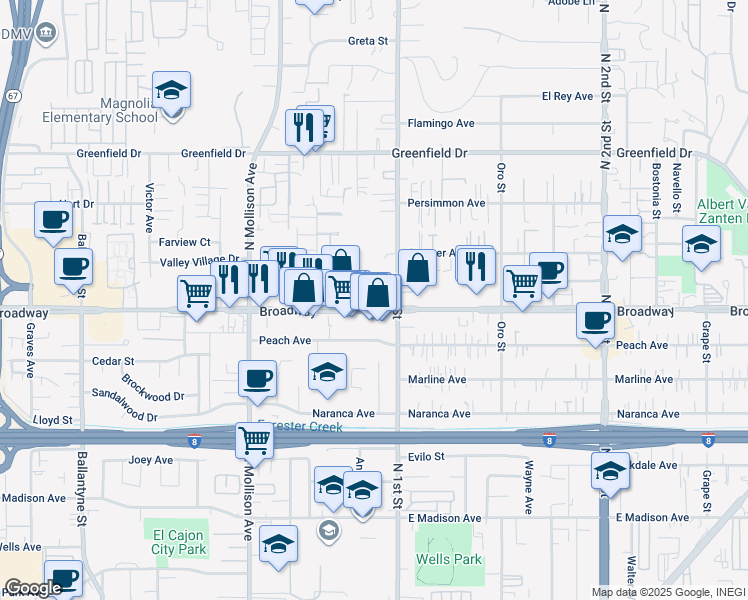 map of restaurants, bars, coffee shops, grocery stores, and more near 1068 Broadway in El Cajon