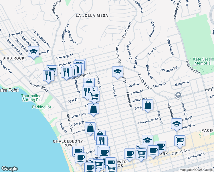 map of restaurants, bars, coffee shops, grocery stores, and more near 1141 Tourmaline Street in San Diego