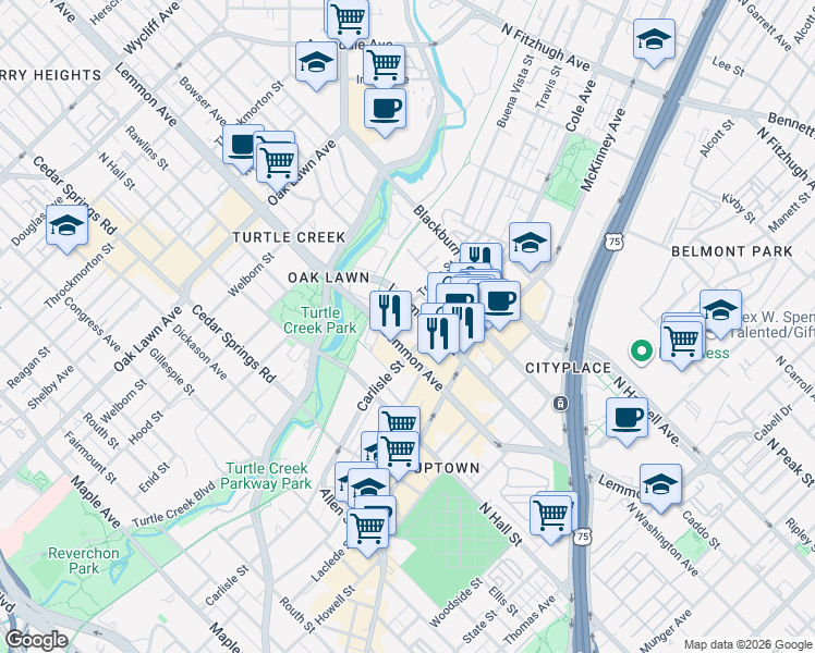 map of restaurants, bars, coffee shops, grocery stores, and more near 3552 Travis Street in Dallas