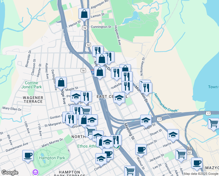 map of restaurants, bars, coffee shops, grocery stores, and more near 45 Isabella Street in Charleston