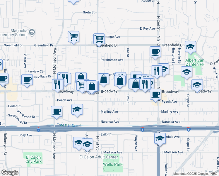 map of restaurants, bars, coffee shops, grocery stores, and more near 1130 Broadway in El Cajon