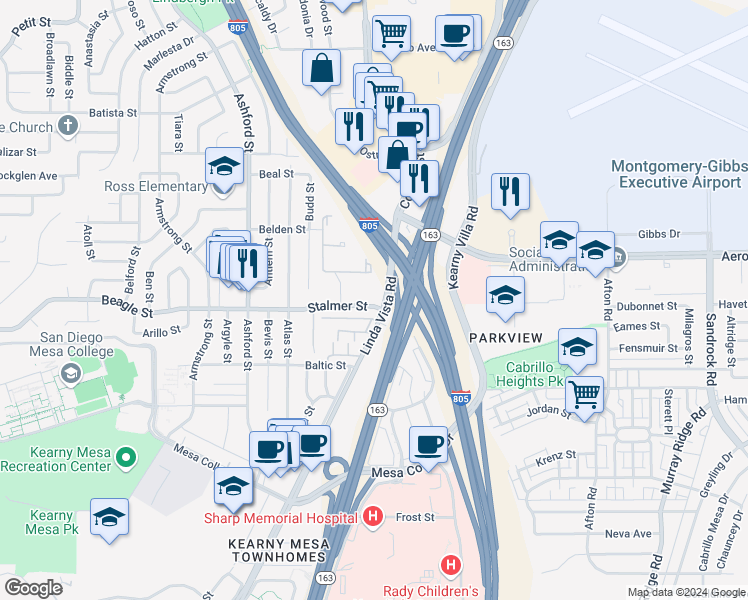 map of restaurants, bars, coffee shops, grocery stores, and more near 7840 Stalmer Street in San Diego