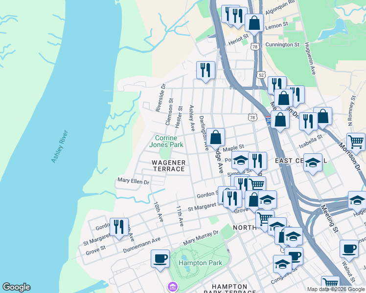 map of restaurants, bars, coffee shops, grocery stores, and more near 19 Piedmont Avenue in Charleston