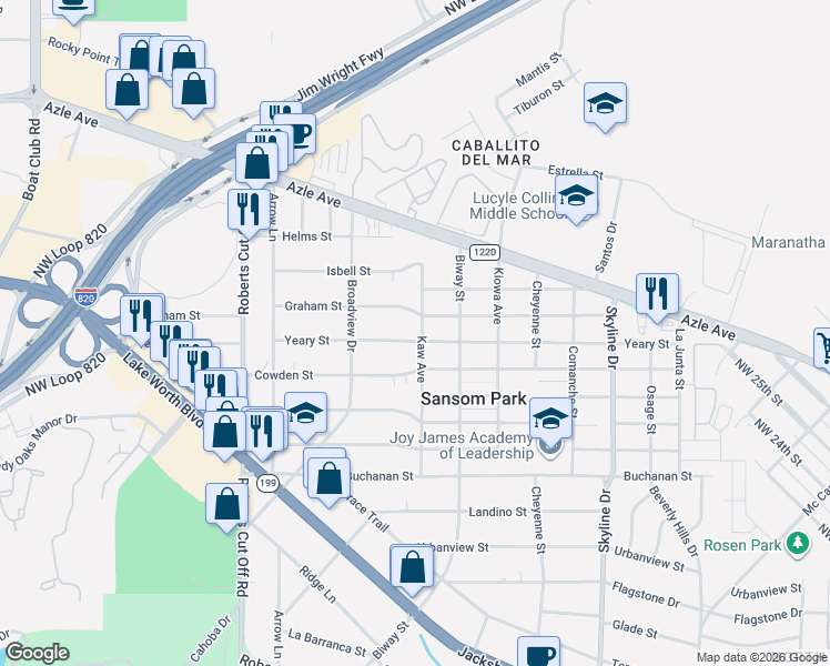 map of restaurants, bars, coffee shops, grocery stores, and more near 5700 Yeary Street in Fort Worth