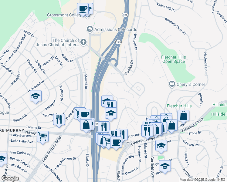 map of restaurants, bars, coffee shops, grocery stores, and more near 2734 Katherine Street in El Cajon
