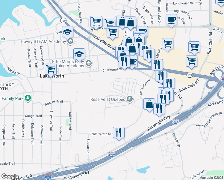 map of restaurants, bars, coffee shops, grocery stores, and more near 6600 Charbonneau Road in Fort Worth
