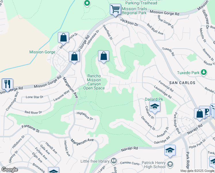 map of restaurants, bars, coffee shops, grocery stores, and more near 8318 Ridge Route Road in San Diego
