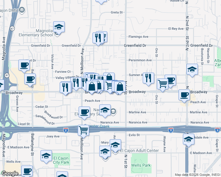 map of restaurants, bars, coffee shops, grocery stores, and more near 1022-28 Broadway in El Cajon
