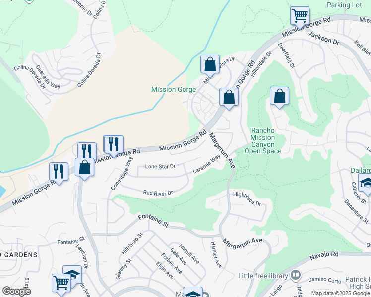 map of restaurants, bars, coffee shops, grocery stores, and more near 7659 Mission Gorge Road in San Diego