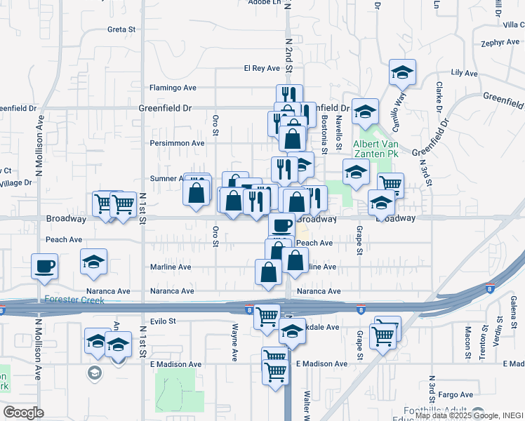 map of restaurants, bars, coffee shops, grocery stores, and more near 1282 Broadway in El Cajon