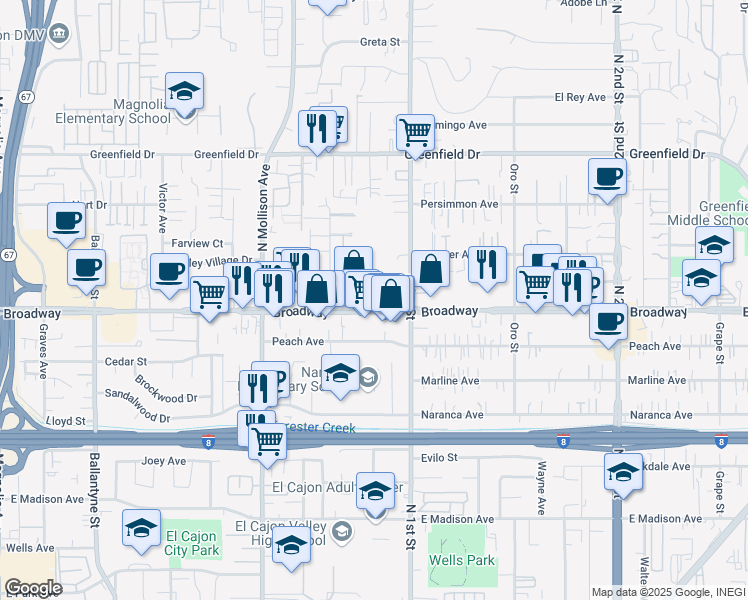 map of restaurants, bars, coffee shops, grocery stores, and more near 1050 Broadway in El Cajon