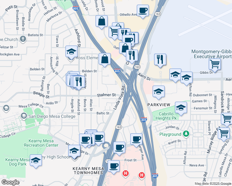 map of restaurants, bars, coffee shops, grocery stores, and more near 7838 Stalmer Street in San Diego