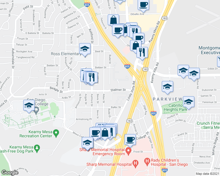 map of restaurants, bars, coffee shops, grocery stores, and more near 7620 Stalmer Street in San Diego
