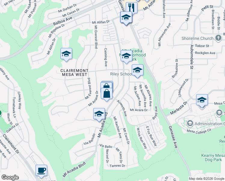 map of restaurants, bars, coffee shops, grocery stores, and more near 3562-96 Acworth Avenue in San Diego