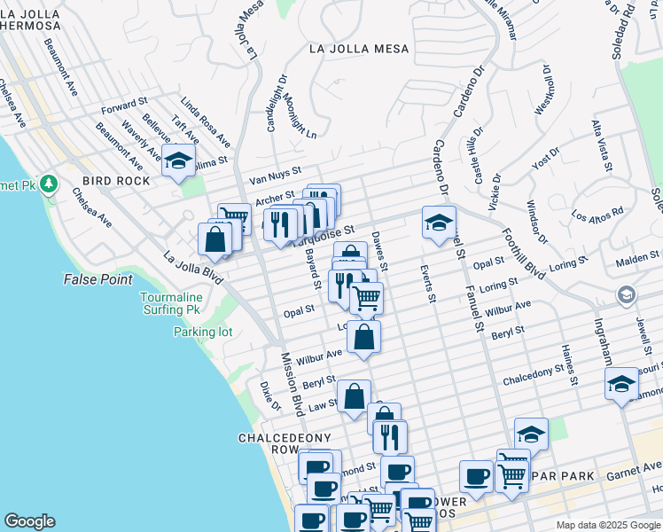 map of restaurants, bars, coffee shops, grocery stores, and more near 5115 Cass Street in San Diego