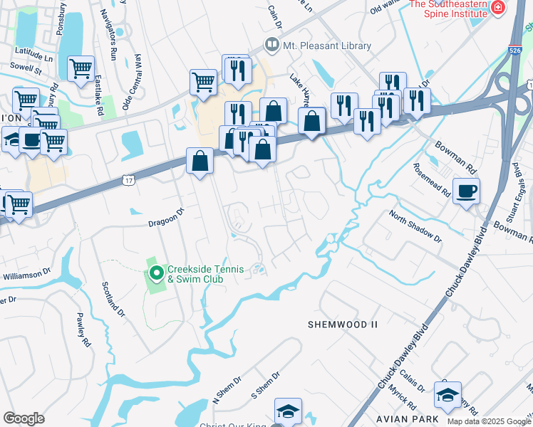 map of restaurants, bars, coffee shops, grocery stores, and more near 1030 Hunters Trace in Mount Pleasant