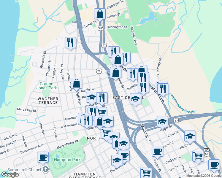 map of restaurants, bars, coffee shops, grocery stores, and more near 6 Poplar Street in Charleston