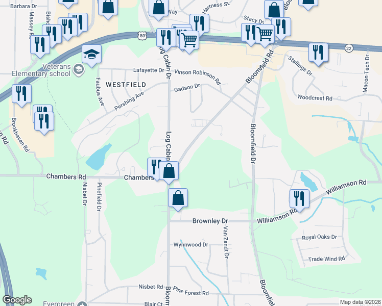 map of restaurants, bars, coffee shops, grocery stores, and more near 4750 Bloomfield Road in Macon