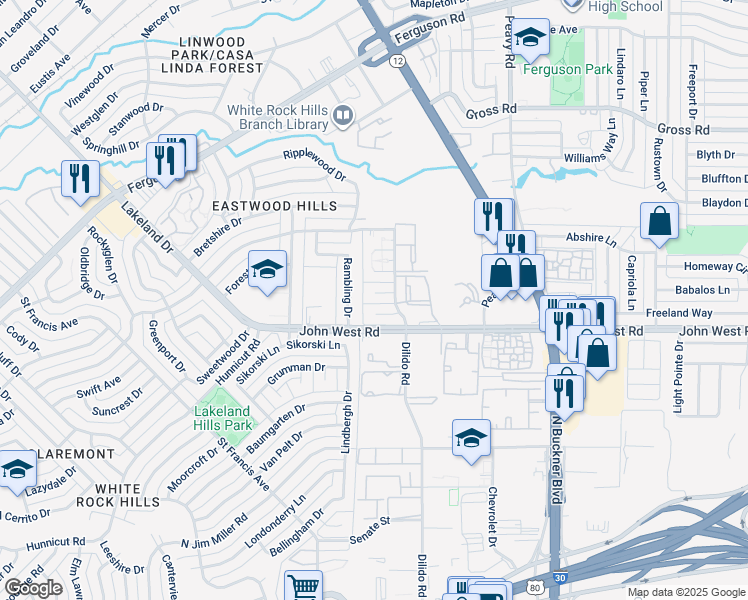map of restaurants, bars, coffee shops, grocery stores, and more near 1520 Cherrycrest Lane in Dallas
