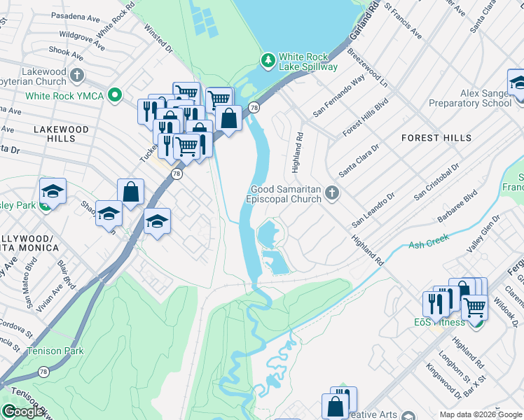 map of restaurants, bars, coffee shops, grocery stores, and more near 1403 Highland Road in Dallas